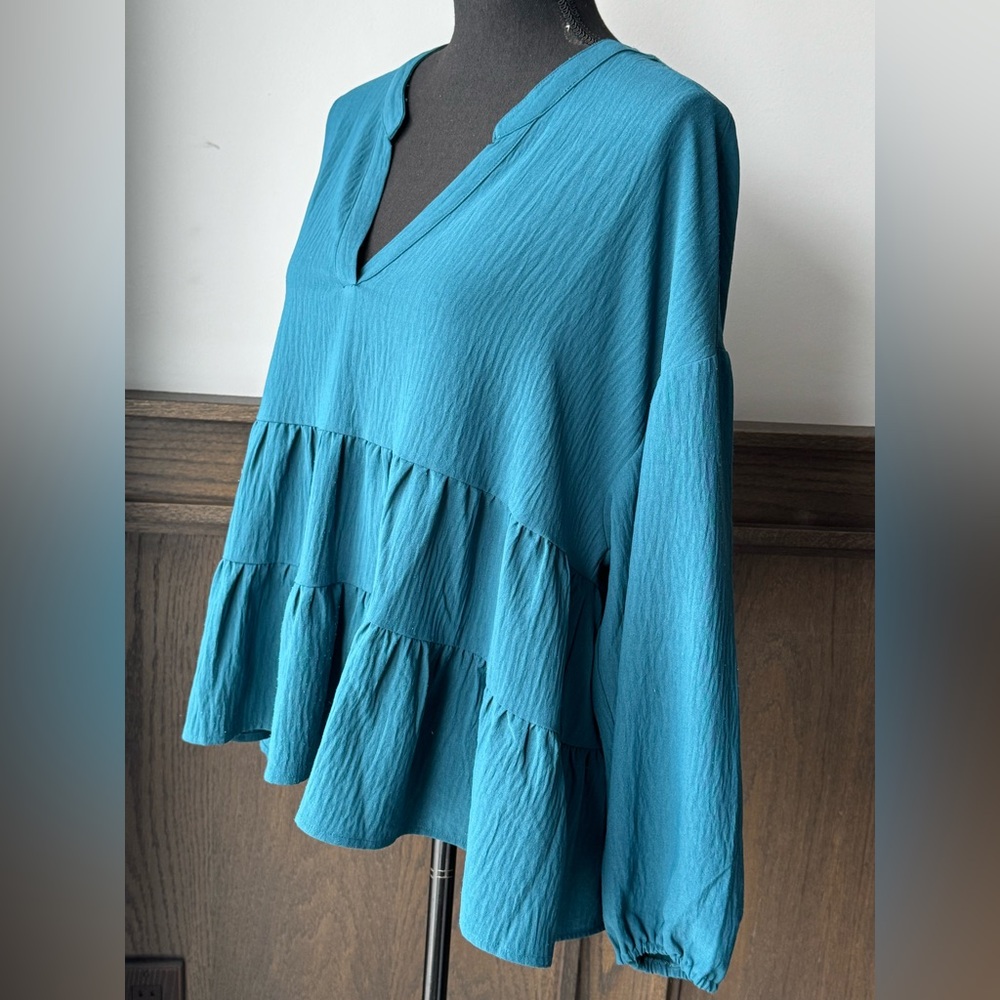 Mud Pie Teal V-Neck Tiered Blouse large - Picture 5 of 7